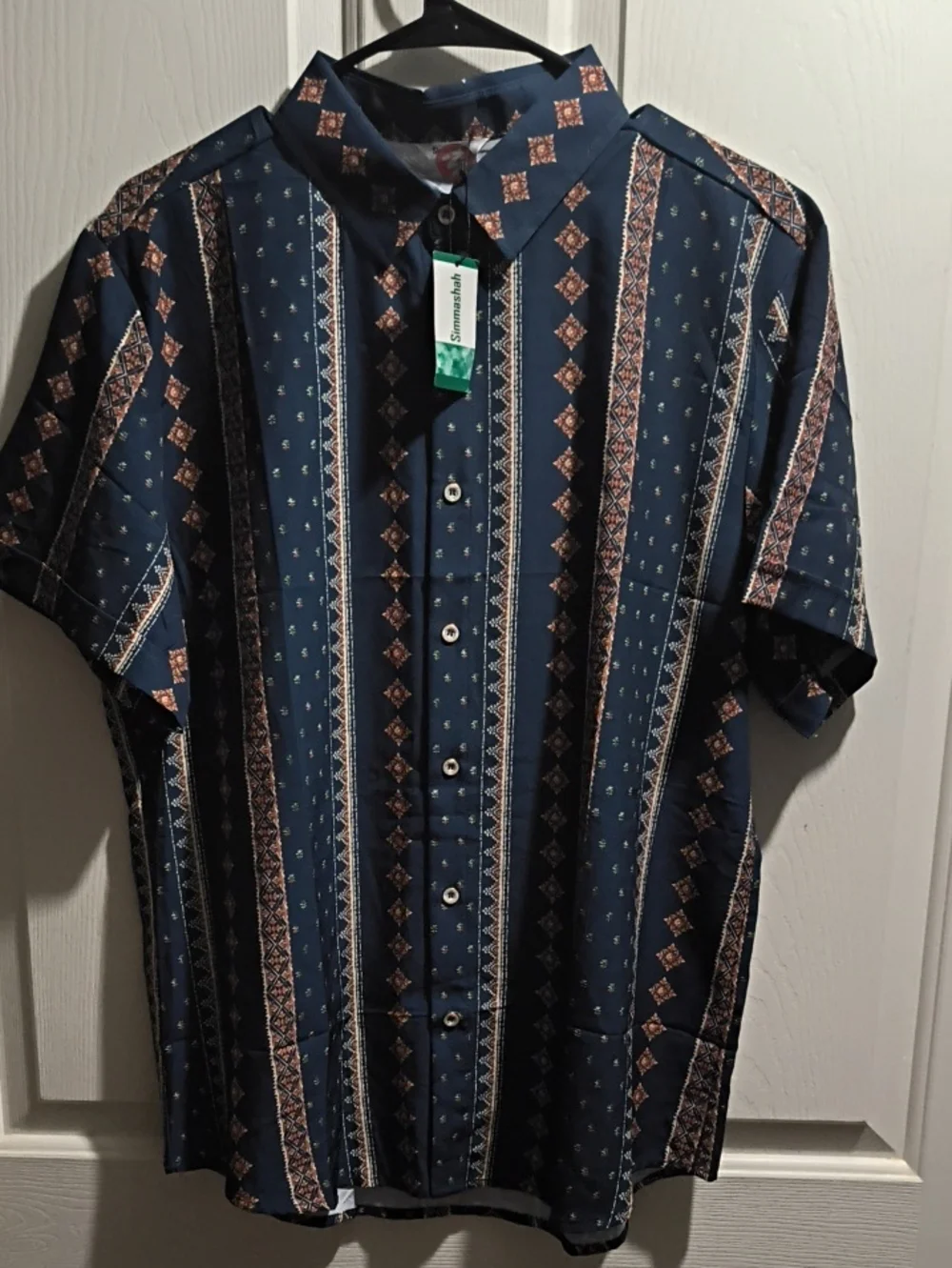 Casual Navy Patterned Short-Sleeve Button-Down Shirt - Picture 1 of 4